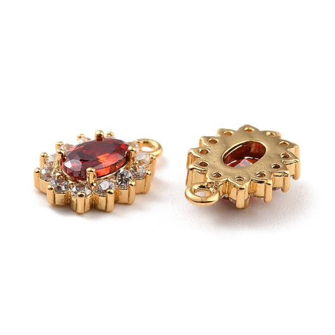 BeadsBalzar Beads & Crafts Real 18K Gold Plated Brass Micro Pave Cubic Zirconia Charms, Oval, FireBrick, 12x8x3mm