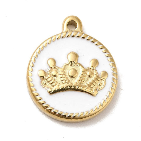 BeadsBalzar Beads & Crafts (SE8759-G) Ion Plating(IP) 304 Stainless Steel Pendant, with Enamel, Golden, Flat Round with Crown, White, 18.5mm (1 PC)