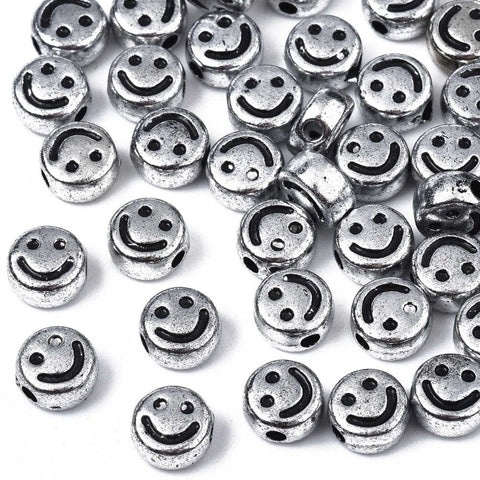 BeadsBalzar Beads & Crafts SILVER Acrylic Beads, Flat Round with Black Smiling Face, 7x4mm