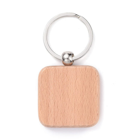 BeadsBalzar Beads & Crafts SQUARE (48x39x7mm) Natural Wood Keychain, with Platinum Plated Iron Split Key Rings, BurlyWood