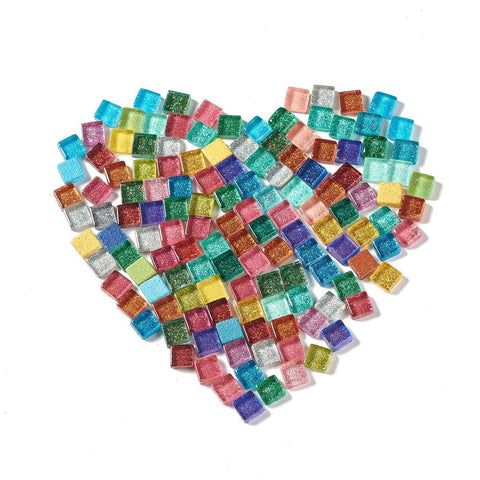 BeadsBalzar Beads & Crafts Squares with Glitter Powder Mosaic Tiles Glass Cabochons, for Home Decoration or DIY Crafts, Mixed Color