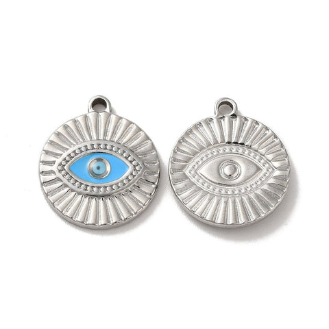 BeadsBalzar Beads & Crafts STAINESS STEEL COLOR Ion Plating(IP) 304 Stainless Steel Enamel Pendants, Flat Round with Evil Eye Charm,21x18.5mm