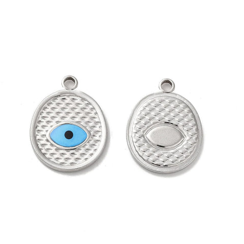 BeadsBalzar Beads & Crafts STAINLESS STEEL COLOR Ion Plating(IP) 304 Stainless Steel Enamel Pendants, Flat Round with Evil Eye Charm,20x15x2mm