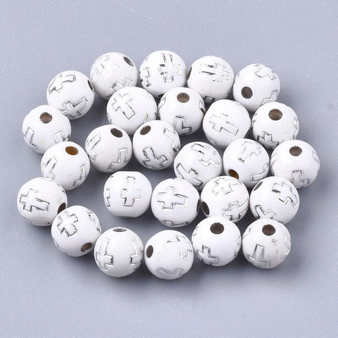 BeadsBalzar Beads & Crafts WHITE Plating Acrylic Beads, Silver Metal Enlaced, Round with Cross, 8mm