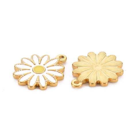 BeadsBalzar Beads & Crafts WHITE (SF8755-A) (SF8855-X) 304 Stainless Steel Enamel Pendants, Ion Plating(IP), Golden, Flower, 18x15.5x2mm (2 PCS)