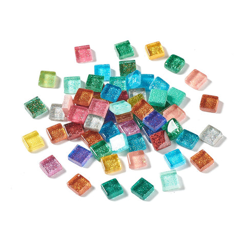 Squares with Glitter Powder Mosaic Tiles Glass Cabochons, for Home Decoration or DIY Crafts, Mixed Color