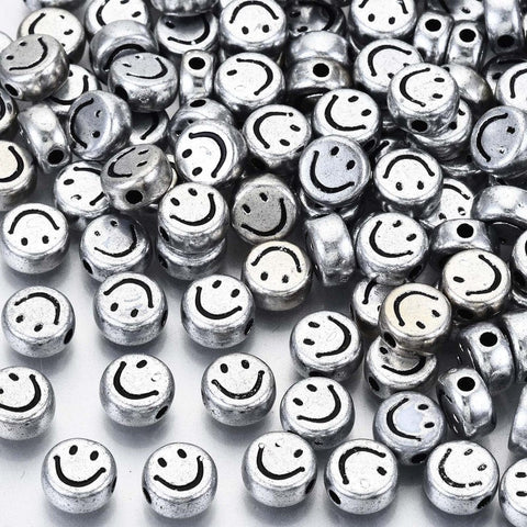 BeadsBalzar Beads & Crafts (AB7422-1) SILVER/BLACK (AB7422-X) Plated Acrylic Beads, Flat Round with Smiling Face,7mm (10GMS/+-70 PCS)