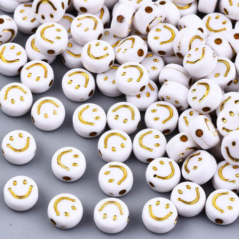 BeadsBalzar Beads & Crafts (AB7422-2) WHITE / GOLD ENLACED (AB7422-X) Plated Acrylic Beads, Flat Round with Smiling Face,7mm (10GMS/+-70 PCS)