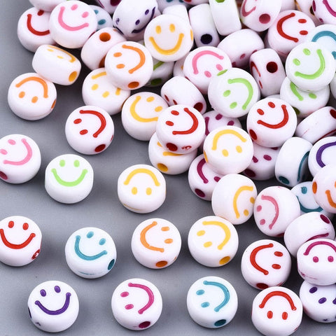 BeadsBalzar Beads & Crafts (AF7423-1) WHITE/MIX (AF7423-X) Opaque Craft Acrylic Beads, Flat Round with Smiling Face, 7mm (10 GMS/+-70 PCS)