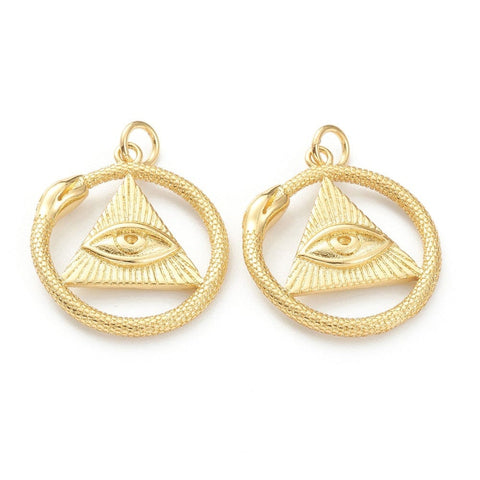 BeadsBalzar Beads & Crafts (GQP8204-07G) Brass Pendants, Flat Round with Evil Eye 18K Gold Plated (2 PCS)