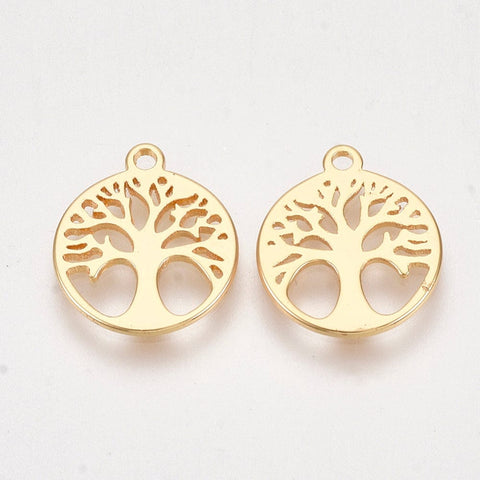 BeadsBalzar Beads & Crafts (GQT7873G) Brass Charms, Flat Round with Tree, 14x12mm (2 PCS)