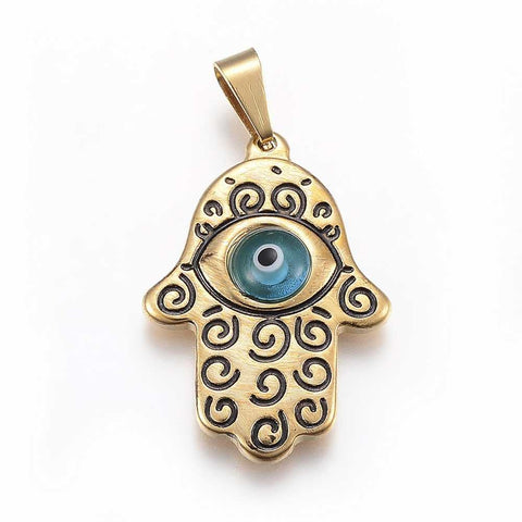 BeadsBalzar Beads & Crafts (HH5276) 304 Stainless Steel Pendants, Evil Eye, Hamsa , Golden 28MM (1 PC)