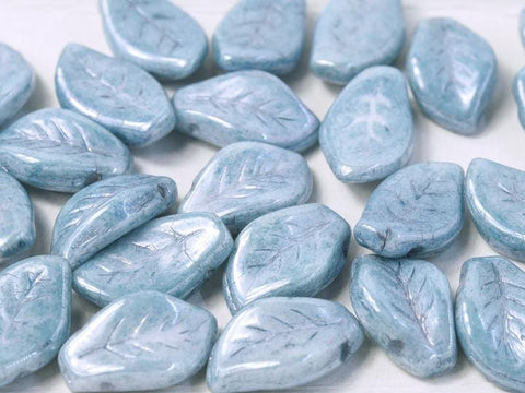 BeadsBalzar Beads & Crafts (LE14-03000-14464) CHALK WHITE BABY BLUE LUSTER (LE14-X) CZECH GLASS LEAVES 9 X 14 MM  (20 PCS)