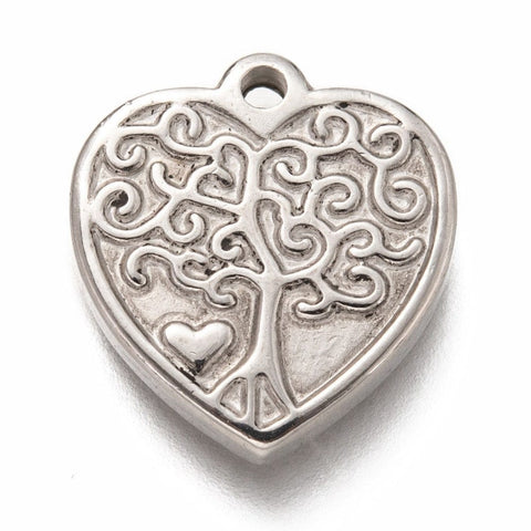 BeadsBalzar Beads & Crafts (SH7552A) 304 Stainless Steel Pendants, Heart with Tree, 17x18.5mm (2 PCS)